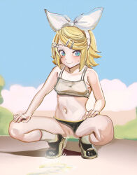  1girl aruman black_bloomers black_footwear bloomers blue_eyes blush bow censored clothing_aside collarbone commentary full_body hair_bow hair_ornament hairband hairclip hands_on_own_thighs high_heels highres kagamine_rin looking_at_viewer mosaic_censoring navel paid_reward_available pee peeing public_urination pussy short_hair smile socks solo sports_bra squatting swept_bangs variant_set vocaloid white_bow white_hairband white_socks white_sports_bra yellow_nails 