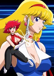  1990s_(style) 2girls armband artist_name blonde_hair blue_eyes bodysuit boots breasts choker cleavage cleavage_cutout clothing_cutout cutie_honey cutie_honey_(character) cutie_honey_flash dual_persona earrings gloves hair_ornament highres impossible_clothes jewelry kisaragi_honey kurumi-lover long_hair medium_breasts multiple_girls open_mouth red_eyes red_hair retro_artstyle shiny_clothes shiny_skin shirt smile sword toei_animation watermark weapon 