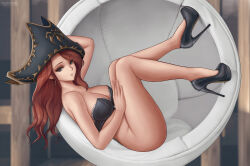  1girl absurdres arm_behind_head ass bare_arms bare_legs bare_shoulders black_footwear blue_eyes blurry blurry_background bottomless breasts brown_hair cleavage closed_mouth collarbone commentary english_commentary expressionless flowerxl full_body hat high_heels highres knees_together_feet_apart large_breasts league_of_legends legs_together looking_at_viewer lying miss_fortune_(league_of_legends) nipples no_bra on_back pervert pirate_hat platform_footwear platform_heels pumps solo underwear video_game_character 