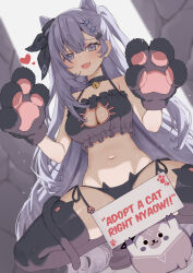  1girl 1other alternate_costume animal_ear_legwear animal_hands bazo_(vestia_zeta) bell black_footwear black_panties blush boots breasts cat_cutout cat_ear_legwear cat_ear_panties cat_lingerie cat_tail cleavage_cutout clothing_cutout commentary english_commentary english_text fang gloves grey_eyes grey_hair heart highres holding holding_sign hololive hololive_indonesia jingle_bell kangbus kemonomimi_mode large_breasts long_hair looking_at_viewer meme_attire navel neck_bell open_mouth panties paw_gloves side-tie_panties sign skin_fang smile solo_focus spread_legs squatting tail thigh_boots tiptoes underwear underwear_only variant_set very_long_hair vestia_zeta virtual_youtuber 