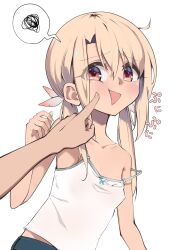  1girl bare_shoulders blush breasts cheek_poking fate/kaleid_liner_prisma_illya fate_(series) highres illyasviel_von_einzbern long_hair looking_at_viewer open_mouth pei_iriya poking red_eyes sidelocks small_breasts solo_focus translation_request twintails white_hair 