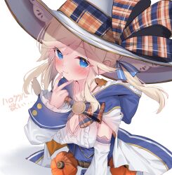 1girl belt blonde_hair blue_eyes blue_ribbon blush breasts brown_belt cape cleavage cleavage_cutout clothing_cutout corset cucouroux_(granblue_fantasy) cucouroux_(halloween)_(granblue_fantasy) detached_sleeves dress eip_(pepai) frilled_dress frills granblue_fantasy hair_ribbon halloween hand_up hat highres hood hooded_cape large_hat looking_at_viewer looking_up medium_breasts official_alternate_costume plaid plaid_ribbon pumpkin ribbon simple_background solo twintails white_background white_dress white_hat witch_hat