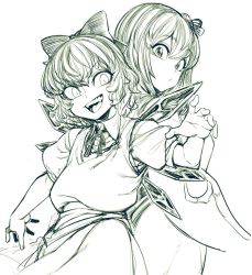  2girls bow cirno cowboy_shot daiyousei fairy fairy_wings greyscale ice ice_wings looking_back monochrome multiple_girls open_mouth smile spacezin touhou wings  rating:Sensitive score:5 user:danbooru