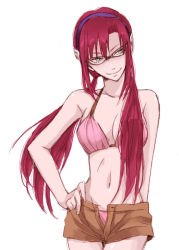  00s 1girl bad_id bad_pixiv_id bikini bikini_top_only breasts cleavage come_hither evangelion:_2.0_you_can_(not)_advance glasses green_eyes hairband hand_on_own_hip head_tilt hiakko large_breasts long_hair looking_at_viewer makinami_mari_illustrious neon_genesis_evangelion open_clothes open_fly purple_hair rebuild_of_evangelion short_shorts shorts smile solo swimsuit twintails unzipped  rating:Sensitive score:55 user:danbooru