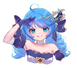 1girl :q ahoge bare_shoulders black_bow black_dress black_gloves blue_hair blush bow breasts collarbone commission detached_sleeves dress drill_hair gloves green_eyes grey_background grey_dress gwen_(league_of_legends) hair_bow large_bow league_of_legends long_hair medium_breasts momikodayo shiny_skin simple_background smile solo strapless strapless_dress symbol-shaped_pupils tongue tongue_out twin_drills twintails x-shaped_pupils rating:Sensitive score:8 user:danbooru