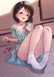  1girl aftersex black_eyes black_hair blush breasts condom convenient_leg cum cum_on_hair facial hair_ornament hairclip highres holding holding_condom idolmaster idolmaster_cinderella_girls jewelry loli necklace open_mouth partially_undressed rabbit_hair_ornament sasaki_chie short_hair sketch small_breasts solo tears used_condom viq 