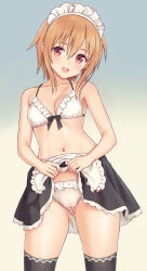  1girl apron bare_shoulders black_skirt black_thighhighs breasts cameltoe cleavage cleft_of_venus clothes_lift cowboy_shot female_focus frilled_panties frills gluteal_fold hair_between_eyes highres lifted_by_self looking_at_viewer maid maid_apron maid_headdress medium_breasts medium_hair n.g. navel open_mouth orange_hair original panties red_eyes simple_background skirt skirt_lift small_breasts smile solo thighhighs underwear 
