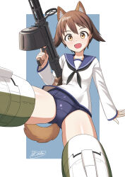  1girl absurdres animal_ears blue_background blue_one-piece_swimsuit blush border breasts brown_eyes brown_hair crotch dog_ears dragoncastle dress gun highres holding holding_weapon looking_at_viewer military_uniform miyafuji_yoshika one-piece_swimsuit open_mouth rifle sailor_dress short_hair simple_background small_breasts smile solo spread_legs strike_witches striker_unit swimsuit uniform weapon white_border world_witches_series 