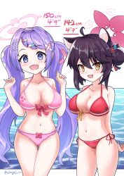  2girls :d absurdres alternate_costume animal_ear_fluff animal_ears arms_behind_back aviary bandaid bandaid_on_head bikini black_hair blue_archive breasts cleavage collarbone commentary english_commentary fang gluteal_fold hair_between_eyes hair_bun hair_ornament hairclip halo hanae_(blue_archive) height_difference highres kaede_(blue_archive) large_breasts leaning_forward long_hair looking_at_viewer multiple_girls navel numbered ocean open_mouth oppai_loli parted_bangs pink_bikini purple_eyes purple_hair red_bikini side-tie_bikini_bottom sidelocks single_side_bun smile spaghetti_strap squirrel_ears squirrel_girl stomach swimsuit twintails x_hair_ornament yellow_eyes  rating:Sensitive score:12 user:danbooru