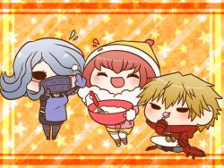  1boy 2girls ^_^ ando_ruruka apron batter beanie belt belt_buckle black_dress black_eyes black_footwear blonde_hair boots bowl breasts buckle chibi closed_eyes closed_mouth coat collared_coat collared_dress collared_shirt commentary_request covered_mouth danganronpa_(series) danganronpa_3_(anime) dress eating eyelashes floral_background food fur-trimmed_headwear fur-trimmed_hood fur-trimmed_sleeves fur_trim gloves gradient_hair grey_hair grey_pants grey_pantyhose hair_over_one_eye hand_on_own_face handkerchief happy hat high_belt high_collar holding holding_bowl holding_food holding_handkerchief holding_plate holding_whisk hood hood_down hooded_coat izayoi_sounosuke kimura_seiko knee_boots knees_apart_feet_together lapels layered_sleeves light_blush long_sleeves macaron mary_janes mask medium_breasts mouth_mask multicolored_hair multiple_belts multiple_girls notched_lapels notice_lines open_mouth orange_background pants pantyhose pink_coat pink_footwear pink_hair plate pom_pom_(clothes) pom_pom_beanie purple_apron purple_belt purple_gloves purple_mask red_coat red_footwear shirt shoes short_dress short_hair shorts simple_background sitting sleeves_past_wrists smile solid_eyes standing stirring striped_clothes striped_footwear studded_mask two-tone_footwear whisk white_belt white_pantyhose white_shirt winter_clothes winter_coat yellow_hat yellow_shorts yumaru_(marumarumaru) 