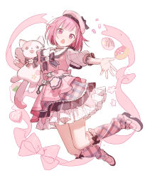  1girl alternate_costume bad_tag blush bow cat dress frilled_skirt frills full_body hat heart heiwa_(murasiho) kneehighs looking_at_viewer ootori_emu open_mouth pink_bow pink_eyes pink_hair project_sekai short_hair short_sleeves skirt smile socks solo striped vertical_stripes  rating:General score:3 user:Hito12345
