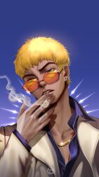  1boy arabic_commentary blonde_hair blue_background blue_shirt cigarette close-up collared_shirt commentary_request commission earrings great_teacher_onizuka highres holding holding_cigarette jacket jewelry looking_to_the_side male_focus milktea_tq necklace onizuka_eikichi shirt short_hair smoke solo sunglasses upper_body white_jacket 