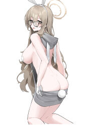  1girl absurdres akane_(blue_archive) animal_ears ass black-framed_eyewear blue_archive blush breasts brown_eyes butt_crack closed_mouth fake_animal_ears fake_tail feet_out_of_frame glasses gloves halo highres large_breasts light_brown_hair long_hair looking_at_viewer mark_jin meme_attire pasties rabbit_ears rabbit_tail simple_background smile solo tail tongue tongue_out virgin_killer_sweater white_background white_gloves 
