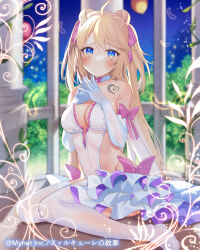  1girl ahoge bare_shoulders blonde_hair blue_eyes blush bow breasts character_request choker cleavage closed_mouth collarbone commentary_request double_bun elbow_gloves falkyrie_no_monshou feathers gloves hair_bow hair_bun leotard long_hair looking_at_viewer medium_breasts no_shoes pink_bow sitting smile solo steepled_fingers thighhighs two_side_up very_long_hair wariza white_choker white_gloves white_leotard white_thighhighs yuraiko 