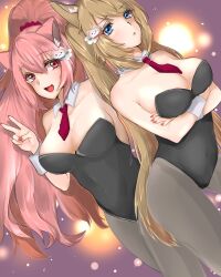 2girls animal_ears blonde_hair breasts cat_ears character_request cleavage closed_mouth highres large_breasts leotard long_hair looking_at_viewer multiple_girls nail_polish open_mouth perisie_(star_ocean) pika_nt pink_hair ponytail star_ocean star_ocean_first_departure v