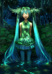  1girl aqua_hair bad_id bad_pixiv_id closed_eyes hatsune_miku highres long_hair night open_mouth solo tree twintails very_long_hair vocaloid wading water yuanmaru 