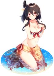  10s 1girl bare_shoulders bikini black_hair breast_hold breasts cleavage collarbone floral_print hair_ornament halterneck hand_on_own_chest highres kantai_collection kinona looking_at_viewer medium_breasts navel partially_submerged sarong seiza short_hair sitting solo stomach swimsuit yamashiro_(kancolle) yellow_bikini  rating:Sensitive score:15 user:danbooru