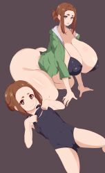  1girl absurdres age_difference aged_down ass bikini breasts brown_eyes brown_hair cameltoe cleavage covered_erect_nipples covered_navel female_focus gluteal_fold highres huge_ass huge_breasts incredibly_absurdres kaii_to_otome_to_kamigakushi kneeling looking_at_viewer matching_hair/eyes mole mole_under_eye ogawa_sumireko one-piece_swimsuit short_eyebrows short_hair solo sombra222 swimsuit thick_thighs thighs 