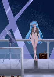  10s 1girl 2014 aqua_eyes aqua_hair artist_name barefoot bottomless checkered_floor dated dongqing_zaozigao female_pubic_hair floor hatsune_miku highres crossed_legs long_hair nail_polish navel night open_mouth pubic_hair pussy railing sky solo star_(sky) starry_sky tan tanline telescope thigh_gap twintails uncensored very_long_hair vocaloid  rating:Explicit score:51 user:danbooru