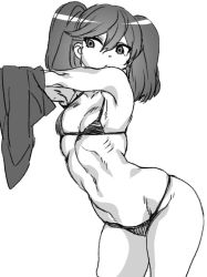  10s 1girl armpits bare_shoulders flat_chest hohehohe kantai_collection monochrome navel ryuujou_(kancolle) simple_background small_breasts solo swimsuit tagme toned undressing wide_hips  rating:Questionable score:23 user:honira