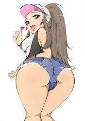 10s 1girl ass bare_legs bare_shoulders baseball_cap bent_over blush breasts brown_eyes brown_hair cameltoe candy creatures_(company) denim denim_shorts food from_behind game_freak hat hilda_(pokemon) huge_ass jeans lollipop long_hair looking_back mandalin medium_breasts micro_shorts nintendo open_mouth pants pokemon pokemon_bw ponytail saliva short_shorts shorts sidelocks solo tongue torn_clothes torn_jeans torn_pants torn_shorts vest wristband rating:Questionable score:216 user:BlueBaroness