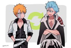  &gt;:) 2boys :d belt black_kimono black_shirt bleach bleach:_sennen_kessen-hen blue_eyes blue_hair border brown_eyes collarbone commentary_request cosplay costume_switch cowboy_shot crossed_arms facial_mark grey_background grimmjow_jaegerjaquez grimmjow_jaegerjaquez_(cosplay) hair_between_eyes highres japanese_clothes jitome kimono kurosaki_ichigo kurosaki_ichigo_(cosplay) long_sleeves looking_at_another multiple_boys open_clothes open_mouth open_shirt orange_hair scar scar_on_chest shirt short_hair side-by-side simple_background sleeves_rolled_up smile smirk smug spiked_hair tsurime twitter_username v-shaped_eyebrows white_belt white_border white_shirt wide_sleeves yanono_015 
