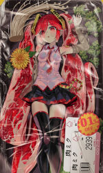 1girl absurdres adapted_costume alternate_eye_color alternate_hair_color arm_at_side barcode bare_shoulders beef black_skirt black_thighhighs blush borrowed_design breasts breath character_name collared_shirt commentary detached_sleeves english_commentary eyes_visible_through_hair feet_out_of_frame flower food food-themed_clothes food-themed_hair food_request grey_shirt grey_sleeves hair_ornament hatsune_miku highres hya_ro impossible_clothes impossible_shirt in_container long_hair looking_at_viewer lying meat medium_breasts miniskirt mixed-language_commentary mushroom necktie niku_miku_(nankai) on_back parted_lips photo_background plastic_wrap pleated_skirt price_tag raw_meat red_eyes red_hair red_necktie red_trim sale see-through see-through_sleeves shirt skirt sleeveless sleeveless_shirt solo sticker sticker_on_shoulder thighhighs twintails very_long_hair vocaloid yellow_flower zettai_ryouiki 