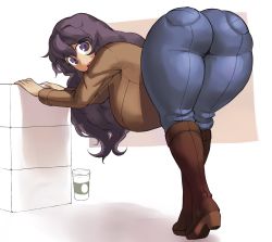  1girl alternate_breast_size ass bent_over boots borvar breasts creatures_(company) denim from_behind full_body game_freak hex_maniac_(pokemon) highres huge_ass huge_breasts jeans legs long_hair long_sleeves looking_back matching_hair/eyes nintendo open_mouth pants pokemon pokemon_xy purple_eyes purple_hair solo thick_thighs thighs white_background wide_hips  rating:Sensitive score:290 user:DarkToonLink