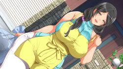 1girl apron bare_shoulders black_hair breasts curvy gaki_ni_modotte_yarinaoshi highres huge_breasts kotosanomaa long_hair looking_at_viewer maron_maron_(circle) mature_female mole open_mouth sera&#039;s_mother_(gaki_ni_modotte_yarinaoshi) smile solo standing sweater thick_thighs thighs wide_hips yellow_eyes rating:Sensitive score:290 user:Tetrahedron