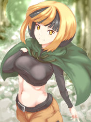  1girl arm_at_side belt black_hair breasts cape capelet cowboy_shot creatures_(company) crop_top forest game_freak gardenia_(pokemon) green_capelet gym_leader hand_up highres kous_(onetwojustice) long_sleeves looking_at_viewer medium_breasts midriff multicolored_hair nature navel nintendo orange_hair pokemon pokemon_dppt short_hair shorts smile solo stomach tree two-tone_hair yellow_eyes  rating:Sensitive score:61 user:greyscalemoon