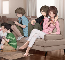  1girl 4boys absurdres age_difference barefoot breasts brown_hair cheating_(relationship) controller couch crossed_legs game_controller groping hetero highres jewelry living_room long_sleeves mature_female medium_breasts mother_and_son motherly_netorare multiple_boys netorare one_eye_closed onee-shota original pants pink_shirt ponytail remote_control_vibrator ring scrunchie sex_toy shirt shota socks vibrator wedding_ring white_pants wink yewang19  rating:Questionable score:597 user:danbooru