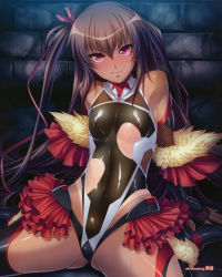  1girl 3: absurdres against_wall angry aoi_nagisa_(metalder) areola_slip arm_support arms_behind_back artist_name bare_shoulders black_gloves black_thighhighs blush bodysuit boots bracelet breasts brick_wall cameltoe covered_erect_nipples dark elbow_gloves embarrassed english_text fingerless_gloves fishnets flat_chest frills fur_trim gloves grey_hair hair_between_eyes hair_ribbon head_tilt high_heels highleg highleg_leotard highres indoors jewelry leotard lilith-soft lipgloss lips long_hair looking_at_viewer medium_breasts midriff miniskirt mizuki_yukikaze modern_drawing_style narrow_waist ninja official_art pink_eyes pleated_skirt purple_ribbon red_eyes ribbon scan see-through shiny_clothes shiny_skin shoes side_ponytail signature sitting skin_tight skirt slit_pupils solo spread_legs sweat taimanin_(series) taimanin_suit taimanin_yukikaze tan tanline thigh_boots thighhighs torn_clothes turtleneck two_side_up underboob very_long_hair waist_cutout wall wariza  rating:Questionable score:144 user:danbooru