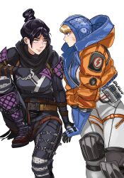  2girls animification apex_legends belt black_bodysuit black_footwear black_hair black_scarf blonde_hair blue_bodysuit blue_eyes bodysuit boots breasts brown_belt cable eye_contact facial_scar gift_art grey_eyes hair_behind_ear hair_bun hand_on_another&#039;s_hand highres hood hood_down hood_up hooded_bodysuit hooded_jacket invisible_chair jacket knee_pads kotone_a leaning_forward lightning_bolt_symbol looking_at_another looking_to_the_side medium_breasts multiple_girls nose_piercing orange_jacket parted_bangs piercing ribbed_bodysuit scar scar_on_cheek scar_on_face scarf second-party_source single_hair_bun sitting smile thigh_strap twitter_username wattson_(apex_legends) wraith_(apex_legends) yuri 