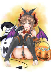 1girl artist_request ass atelier_(series) atelier_ryza bare_shoulders blush breasts brown_eyes brown_hair candy chocolate demon_girl food ghost hair_ornament hair_ribbon hairclip halloween halloween_bucket halloween_costume hat horns jack-o&#039;-lantern looking_at_viewer open_mouth reisalin_stout ribbon shiny_clothes shiny_skin short_hair short_shorts shorts sitting smile solo tail thighhighs wings rating:Sensitive score:4 user:armorcrystal