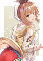 1girl :d ass atelier_(series) atelier_ryza atelier_ryza_1 brown_eyes brown_hair eric_(pixiv9123557) from_behind hat jewelry looking_at_viewer looking_back necklace open_mouth red_shorts reisalin_stout short_hair short_shorts shorts smile solo star_(symbol) teeth upper_teeth_only white_hat rating:Sensitive score:6 user:danbooru