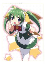  1girl 2004 absurdres apron blue_eyes blush_stickers bow dress fang female_focus green_dress green_hair hair_ribbon highres kanzaki_hiro long_hair looking_at_viewer melon-chan melonbooks open_mouth pointing red_bow ribbon short_sleeves solo standing star_(symbol) twintails white_apron 