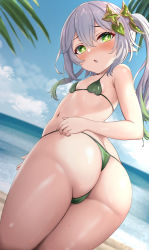  1girl ass bare_shoulders bikini blush breasts butt_crack cameltoe embarrassed from_behind from_below genshin_impact gradient_hair green_eyes green_hair hair_ornament highres huge_ass long_hair looking_back looking_down multicolored_hair nahida_(genshin_impact) open_mouth shiny_clothes shiny_skin side_ponytail small_breasts solo swimsuit takenoko_pengin thong thong_bikini wet wet_hair white_hair  rating:Questionable score:150 user:armorcrystal