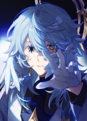  1boy arm_up artist_name black_shirt blue_background blue_hair commentary diamond-shaped_pupils diamond_(shape) e7lilyy earrings english_commentary feathered_wings gloves gold_earrings gold_trim hair_between_eyes halo halo_behind_head head_wings highres honkai:_star_rail honkai_(series) jacket jewelry long_sleeves looking_at_viewer male_focus open_clothes open_jacket oshi_no_ko parody shirt short_hair simple_background single_earring solo star-shaped_pupils star_(symbol) sunday_(honkai:_star_rail) symbol-shaped_pupils teeth upper_body white_background white_gloves white_jacket wings yellow_eyes 