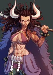  1girl abs angry black_hair bracelet cape club club_(weapon) female_focus genderswap genderswap_(mtf) highres horns jewelry kaidou_(one_piece) kanabou mature_female muscular muscular_female one_piece pirate_costume scar solo spiked_bracelet spikes tattoo weapon yellow_eyes  rating:Questionable score:18 user:keplergym