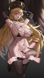  1futa 1other absurdres armpits bdsm blonde_hair blush bondage bouncing_penis bound bra breasts crescent elbow_gloves female_pubic_hair futa_with_other futanari gloves heart heart-shaped_pupils highres junko_(touhou) large_breasts long_hair looking_down oreomanko panties panty_pull penis phoenix_crown pubic_hair red_eyes solo symbol-shaped_pupils testicles thighhighs touhou underwear  rating:Explicit score:90 user:danbooru