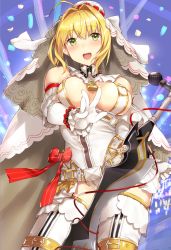  10s 1girl ahoge blonde_hair blush bow breasts cleavage eyebrows fate/extra fate/extra_ccc fate/grand_order fate_(series) gloves green_eyes hair_intakes highres hiromochi_(hiro39ra1) large_breasts lock looking_at_viewer microphone nero_claudius_(bride)_(fate) nero_claudius_(fate) nero_claudius_(fate)_(all) official_alternate_costume padlock red_bow short_hair solo sword thighhighs veil weapon white_gloves white_thighhighs 
