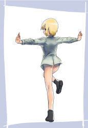  1girl ass blonde_hair blue_eyes bottomless erica_hartmann from_behind full_body highres looking_at_viewer looking_back no_panties outstretched_arms shiri_chin shirt short_hair simple_background sketch smile solo spread_arms strike_witches world_witches_series 