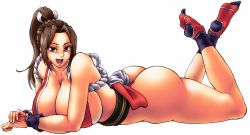 1girl ass bare_shoulders breasts brown_eyes brown_hair cleavage fatal_fury highres huge_ass huge_breasts long_hair looking_at_viewer lying on_stomach ponytail revealing_clothes shiny_skin shiranui_mai simple_background smile solo the_king_of_fighters thick_thighs thighs white_background wide_hips wrato rating:Sensitive score:94 user:danbooru
