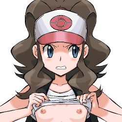 1girl angry bare_shoulders baseball_cap blouse blue_eyes blush breasts brown_hair clenched_teeth clothes_lift creatures_(company) flashing frown game_freak gomatarou_(pixiv196136) hat hilda_(pokemon) jaggy_lines looking_at_viewer looking_to_the_side lowres nintendo nipples no_bra oekaki pokemon pokemon_bw ponytail shirt shirt_lift simple_background small_breasts solo tank_top tears teeth upper_body vest white_background white_shirt rating:Questionable score:194 user:danbooru