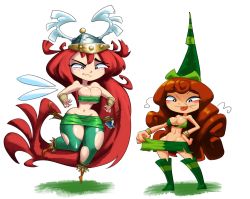  2girls barbara_(rayman) barbarian betilla breasts cleavage closed_mouth covered_erect_nipples curly_hair fairy green_theme hat helmet highres large_breasts minuspal multiple_girls rayman rayman_legends rayman_origins red_hair scar skindentation skull tongue tongue_out wide_hips 