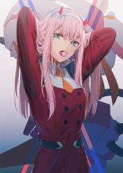 10s 1girl aqua_eyes arms_up breasts candy commentary dangmill darling_in_the_franxx food hair_between_eyes hairband horns lollipop long_hair long_sleeves looking_at_viewer mecha medium_breasts mouth_hold open_mouth pink_hair red_shirt revision robot school_uniform shirt solo strelizia teeth uniform upper_body white_hairband zero_two_(darling_in_the_franxx) rating:Sensitive score:14 user:danbooru