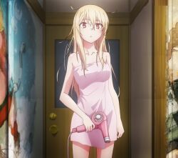  1girl blank_stare blonde_hair breasts hair_dryer highres long_hair messy_hair open_mouth red_eyes sakura-sou_no_pet_na_kanojo screencap shiina_mashiro solo stitched third-party_edit towel  rating:Questionable score:7 user:Karmakaze