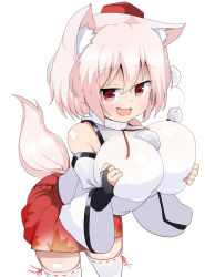 1girl :3 :d animal_ears bare_shoulders blush breasts_squeezed_together breasts bridal_gauntlets come_hither cowboy_shot detached_sleeves covered_erect_nipples fang hat highres impossible_clothes inubashiri_momiji large_breasts leaning_forward lips looking_at_viewer miniskirt open_mouth paizuri_invitation pink_hair pom_pom_(clothes) red_eyes ribbon-trimmed_legwear ribbon_trim seductive_smile sexually_suggestive short_hair skirt smile solo stitched stitches tail takimoto_yukari thighhighs third-party_edit tokin_hat touhou wolf_ears wolf_tail zettai_ryouiki rating:Sensitive score:29 user:danbooru