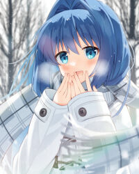  1girl alternate_costume bare_tree blue_eyes blue_hair blurry blush breath coat commentary_request depth_of_field enpera fringe_trim grey_scarf hair_between_eyes hair_intakes hand_to_own_mouth hands_up happy haruchimo highres kanon looking_at_viewer minase_nayuki open_mouth outdoors plaid plaid_scarf scarf sleeves_past_wrists smile snowing solo tree upper_body white_coat winter winter_clothes 