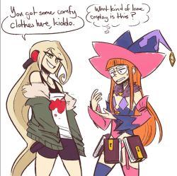  2girls atlus bandai_namco behind-the-head_headphones blonde_hair cosplay costume_switch erica_lindbeck glasses green_eyes hat headphones long_hair magilou_(tales) magilou_(tales)_(cosplay) multiple_girls namco orange_hair persona persona_5 sakura_futaba scruffyturtles shin_megami_tensei shorts speech_bubble tales_of_(series) tales_of_berseria thought_bubble very_long_hair voice_actor_connection witch_hat  rating:Sensitive score:46 user:TheCRUiZER